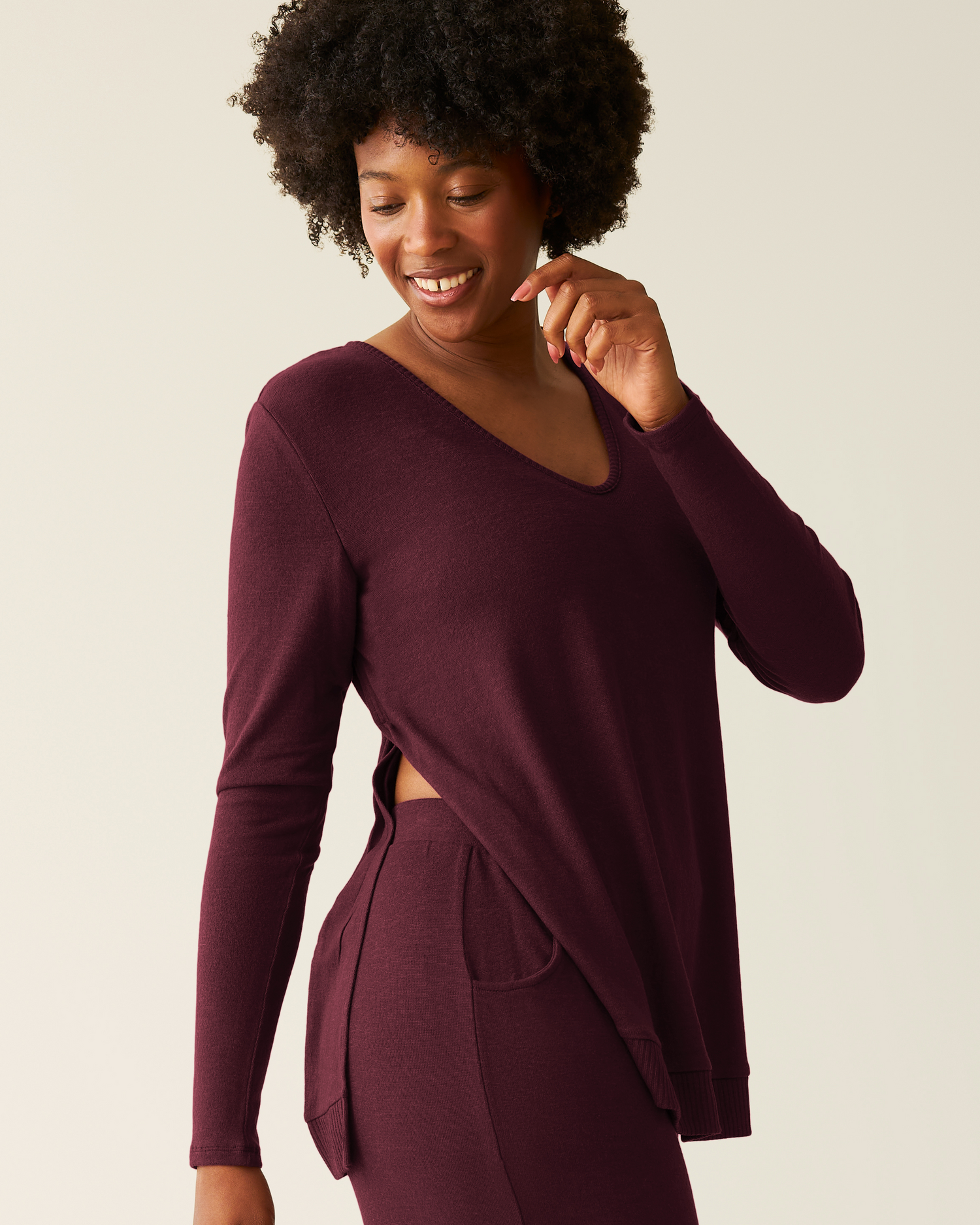 CozyKnit Maternity & Nursing V-neck Top | Deep Burgundy
